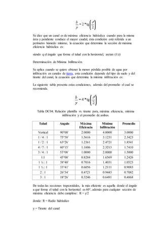 Se dice que un canal es de máxima eficiencia hidráulica cuando para la misma
área y pendiente conduce el mayor caudal, ésta condición está referida a un
perímetro húmedo mínimo, la ecuación que determina la sección de máxima
eficiencia hidráulica es:
siendo q el ángulo que forma el talud con la horizontal, arctan (1/z)
Determinación de Mínima Infiltración.
Se aplica cuando se quiere obtener la menor pérdida posible de agua por
infiltración en canales de tierra, esta condición depende del tipo de suelo y del
tirante del canal, la ecuación que determina la mínima infiltración es:
La siguiente tabla presenta estas condiciones, además del promedio el cual se
recomienda.
Tabla DC04. Relación plantilla vs. tirante para, máxima eficiencia, mínima
infiltración y el promedio de ambas.
Talud Angulo Máxima
Eficiencia
Mínima
Infiltración
Promedio
Vertical 90°00´ 2.0000 4.0000 3.0000
1 / 4 : 1 75°58´ 1.5616 3.1231 2.3423
1 / 2 : 1 63°26´ 1.2361 2.4721 1.8541
4 / 7 : 1 60°15´ 1.1606 2.3213 1.7410
3 / 4 : 1 53°08´ 1.0000 2.0000 1.5000
1:1 45°00´ 0.8284 1.6569 1.2426
1 ¼ : 1 38°40´ 0.7016 1.4031 1.0523
1 ½ : 1 33°41´ 0.6056 1.2111 0.9083
2 : 1 26°34´ 0.4721 0.9443 0.7082
3 : 1 18°26´ 0.3246 0.6491 0.4868
De todas las secciones trapezoidales, la más eficiente es aquella donde el ángulo
a que forma el talud con la horizontal es 60°, además para cualquier sección de
máxima eficiencia debe cumplirse: R = y/2
donde: R = Radio hidráulico
y = Tirante del canal
 