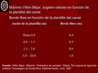  Máximo Villón Béjar, sugiere valores en función deMáximo Villón Béjar, sugiere valores en función de
la plantilla del canal.la plantilla del canal.
Borde libre en función de la plantilla del canal:Borde libre en función de la plantilla del canal:
Ancho de la plantilla (m)Ancho de la plantilla (m) Borde libre (m)Borde libre (m)
Hasta 0.8Hasta 0.8 0.40.4
0.8 – 1.50.8 – 1.5 0.50.5
1.5 – 3.01.5 – 3.0 0.60.6
3.0 – 20.03.0 – 20.0 1.01.0
Fuente: Villón Béjar, Máximo; “Hidráulica de canales”, Depto. De Ingeniería Agrícola –
Instituto Tecnológico de Costa Rica, Editorial Hozlo, Lima, 1981
 