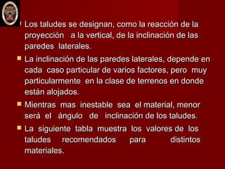 Los taludes se designan, como la reacción de laLos taludes se designan, como la reacción de la
proyección a la vertical, de la inclinación de lasproyección a la vertical, de la inclinación de las
paredes laterales.paredes laterales.
 La inclinación de las paredes laterales, depende enLa inclinación de las paredes laterales, depende en
cada caso particular de varios factores, pero muycada caso particular de varios factores, pero muy
particularmente en la clase de terrenos en dondeparticularmente en la clase de terrenos en donde
están alojados.están alojados.
 Mientras mas inestable sea el material, menorMientras mas inestable sea el material, menor
será el ángulo de inclinación de los taludes.será el ángulo de inclinación de los taludes.
 La siguiente tabla muestra los valores de losLa siguiente tabla muestra los valores de los
taludes recomendados para distintostaludes recomendados para distintos
materiales.materiales.
 