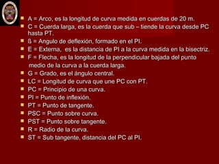  A = Arco, es la longitud de curva medida en cuerdas de 20 m.A = Arco, es la longitud de curva medida en cuerdas de 20 m.
 C = Cuerda larga, es la cuerda que sub – tiende la curva desde PCC = Cuerda larga, es la cuerda que sub – tiende la curva desde PC
hasta PT.hasta PT.
 ß = Angulo de deflexión, formado en el PI.ß = Angulo de deflexión, formado en el PI.
 E = Externa, es la distancia de PI a la curva medida en la bisectriz.E = Externa, es la distancia de PI a la curva medida en la bisectriz.
 F = Flecha, es la longitud de la perpendicular bajada del puntoF = Flecha, es la longitud de la perpendicular bajada del punto
medio de la curva a la cuerda larga.medio de la curva a la cuerda larga.
 G = Grado, es el ángulo central.G = Grado, es el ángulo central.
 LC = Longitud de curva que une PC con PT.LC = Longitud de curva que une PC con PT.
 PC = Principio de una curva.PC = Principio de una curva.
 PI = Punto de inflexión.PI = Punto de inflexión.
 PT = Punto de tangente.PT = Punto de tangente.
 PSC = Punto sobre curva.PSC = Punto sobre curva.
 PST = Punto sobre tangente.PST = Punto sobre tangente.
 R = Radio de la curva.R = Radio de la curva.
 ST = Sub tangente, distancia del PC al PI.ST = Sub tangente, distancia del PC al PI.
 