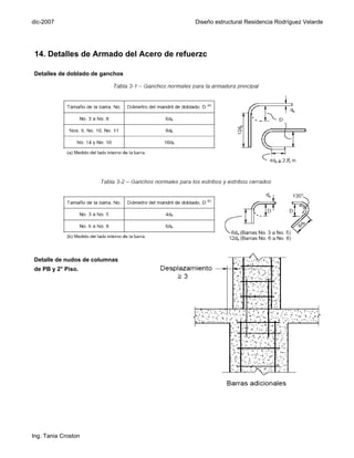 dic-2007                                Diseño estructural Residencia Rodríguez Velarde




14. Detalles de Armado del Acero de refuerzo

Detalles de doblado de ganchos




Detalle de nudos de columnas
de PB y 2° Piso.




Ing. Tania Croston
 