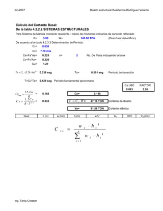 dic-2007                                                              Diseño estructural Residencia Rodríguez Velarde




Cálculo del Cortante Basal:
De la tabla 4.2.2.2 SISTEMAS ESTRUCTURALES
Para Sistema de Marcos momento resistente : marco de momento ordinarios de concreto reforzado
                 R=       3.00            W=                  145.00 TON               (Peso total del edificio)
De acuerdo al artículo 4.2.3.3 Determinación de Período.
             CT=      0.030
                hn=     7.70 mts
       Ca=Fa*Aa=         0.225            n=           2            No. De Pisos incluyendo la base
       Cv=Fv*Av=         0.330
                Cu=       1.27


Ta = CT ⋅ (3.28 ⋅ hn)3/ 4 0.338 seg                  To=                  0.591 seg    Período de transición


        T=Cu*Ta=       0.429 seg Período fundamental aproximado
                                                                                                     Cs UBC        FACTOR
                                                                                                       0.083        2.26
        2.5⋅ Ca =
Csmax =                  0.188                       Cs=                   0.188
           R
        1 .2 C v
Cs =             =       0.232                   V = C s ⋅W =          27.19 TON       Cortante de diseño
        R ⋅T 2/3
                                                     Ve=               81.56 TON       Cortante elástico

                                                                                   k
        Nivel             h (m)       wi (ton)       hi (m)                 wihi           Cvx         (ton)       Vdxi(ton)



                                                           w         ⋅h          k
                                      C   vx     =      n
                                                                x            x


                                                     ∑i=1
                                                                w     i    ⋅ hik




Ing. Tania Croston
 