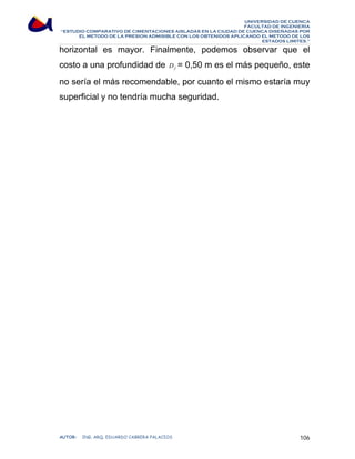 UNIVERSIDAD DE CUENCA 
FACULTAD DE INGENIERÍA 
“ESTUDIO COMPARATIVO DE CIMENTACIONES AISLADAS EN LA CIUDAD DE CUENCA DISEÑADAS POR 
EL METODO DE LA PRESION ADMISIBLE CON LOS OBTENIDOS APLICANDO EL METODO DE LOS 
ESTADOS LIMITES.” 
horizontal es mayor. Finalmente, podemos observar que el 
costo a una profundidad de f D = 0,50 m es el más pequeño, este 
no sería el más recomendable, por cuanto el mismo estaría muy 
superficial y no tendría mucha seguridad. 
AUTOR: ING. ARQ. EDUARDO CABRERA PALACIOS 106 
 