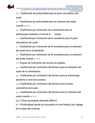 UNIVERSIDAD DE CUENCA 
FACULTAD DE INGENIERÍA 
“ESTUDIO COMPARATIVO DE CIMENTACIONES AISLADAS EN LA CIUDAD DE CUENCA DISEÑADAS POR 
EL METODO DE LA PRESION ADMISIBLE CON LOS OBTENIDOS APLICANDO EL METODO DE LOS 
ESTADOS LIMITES.” 
dγ = Coeficiente de profundidad para el peso volumétrico del 
suelo 
dc'= Coeficiente de profundidad para la cohesión del suelo 
cuando φ = 0o 
iq = Coeficiente por inclinación de la resultante para la 
sobrecarga existente a nivel de la solera 
iγ = Coeficiente por inclinación de la resultante para el peso 
volumétrico del suelo 
ic = Coeficiente por inclinación de la resultante para la cohesión 
del suelo de la cimentación 
ic'= Coeficiente por inclinación de la resultante para la cohesión 
del suelo cuando φ = 0o 
η = Angulo de inclinación del terreno en grados 
gc = Coeficiente por inclinación del terreno para la cohesión del 
suelo de la cimentación 
gq = Coeficiente por inclinación del terreno para la sobrecarga 
existente a nivel de la solera 
gγ = Coeficiente por inclinación del terreno para el peso 
volumétrico del suelo. 
gc'= Coeficiente por inclinación del terreno para la cohesión del 
suelo cuando φ = 0o 
γsb*= Peso sumergido estimado (kN/m³) 
h1 = Profundidad donde se encuentra el nivel freático por debajo 
de la base del cimiento. 
AUTOR: ING. ARQ. EDUARDO CABRERA PALACIOS 11 
 