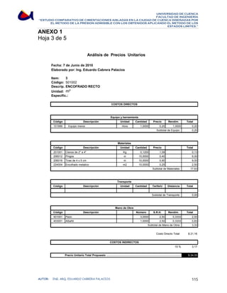 UNIVERSIDAD DE CUENCA 
FACULTAD DE INGENIERÍA 
“ESTUDIO COMPARATIVO DE CIMENTACIONES AISLADAS EN LA CIUDAD DE CUENCA DISEÑADAS POR 
EL METODO DE LA PRESION ADMISIBLE CON LOS OBTENIDOS APLICANDO EL METODO DE LOS 
ESTADOS LIMITES.” 
ANEXO 1 
Hoja 3 de 5 
Análisis de Precios Unitarios 
Fecha: 7 de Junio de 2010 
Elaborado por: Ing. Eduardo Cabrera Palacios 
Item: 3 
Código: 
501002 
Descrip.: 
ENCOFRADO RECTO 
Unidad: 
m² 
Especific.: 
COSTOS DIRECTOS 
Equipo y herramienta 
Código Descripción Unidad Cantidad Precio Rendim. Total 
101999 Equipo menor Hora 1,0000 0,20 1,0000 0,20 
0,20 
Subtotal de Equipo: 
Materiales 
Código Descripción Unidad Cantidad Precio Total 
201001 Clavos de 2 a 4 Kg 0,1200 1,09 0,13 
206012 Pingos m 15,0000 0,40 6,00 
206016 Tiras de 4 x 5 cm m 10,0000 0,90 9,00 
224004 Encofrado metalico m2 10,0000 0,25 2,50 
17,63 
Subtotal de Materiales: 
Transporte 
Código Descripción Unidad Cantidad Tarifa/U Distancia Total 
0,00 
Subtotal de Transporte: 
Mano de Obra 
Código Descripción Número S.R.H. Rendim. Total 
401001 Peon 3,0000 2,50 0,3333 2,50 
403001 Albañil 1,0000 2,50 0,3333 0,83 
3,33 
$ 21,16 
3,17 
$ 24,33 
COSTOS INDIRECTOS 
Subtotal de Mano de Obra: 
Costo Directo Total: 
15 % 
Precio Unitario Total Propuesto ................................................................................................. 
AUTOR: ING. ARQ. EDUARDO CABRERA PALACIOS 115 
 
