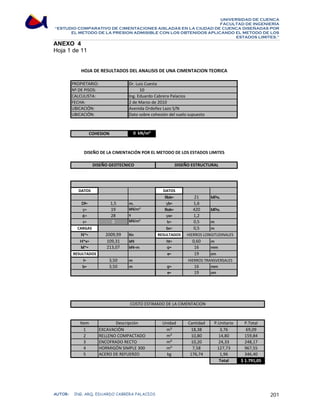 UNIVERSIDAD DE CUENCA 
FACULTAD DE INGENIERÍA 
“ESTUDIO COMPARATIVO DE CIMENTACIONES AISLADAS EN LA CIUDAD DE CUENCA DISEÑADAS POR 
EL METODO DE LA PRESION ADMISIBLE CON LOS OBTENIDOS APLICANDO EL METODO DE LOS 
ESTADOS LIMITES.” 
ANEXO 4 
Hoja 1 de 11 
HOJA DE RESULTADOS DEL ANALISIS DE UNA CIMENTACION TEORICA 
PROPIETARIO: Dr. Luis Cuesta 
10 
Nº DE PISOS: 
CALCULISTA: Ing. Eduardo Cabrera Palacios 
FECHA: 2 de Marzo de 2010 
UBICACIÓN: Avenida Ordoñez Lazo S/N 
UBICACIÓN: Dato sobre cohesión del suelo supuesto 
0 kN/m² 
COHESION 
DISEÑO DE LA CIMENTACIÓN POR EL METODO DE LOS ESTADOS LIMITES 
DISEÑO GEOTECNICO DISEÑO ESTRUCTURAL 
DATOS DATOS 
Rbk= 21 MPa. 
Df= 1,5 m. γb= 1,6 
γ= 19 kN/m³ Rak= 420 MPa. 
φ= 28 º γa= 1,2 
c= 0 kN/m² lc= 0,5 m 
CARGAS bc= 0,5 m 
N'*= 2009,99 Kn RESULTADOS 
H'*x= 109,31 kN ht= 0,60 m 
M'*= 213,07 kN-m φ= 16 mm 
RESULTADOS e= 19 cm 
HIERROS LONGITUDINALES 
l= 3,50 m 
b= 3,50 m φ= 16 mm 
HIERROS TRANSVERSALES 
e= 19 cm 
COSTO ESTIMADO DE LA CIMENTACION 
Item Unidad Cantidad P.Unitario P.Total 
1 m³ 18,38 3,76 69,09 
2 m³ 10,80 14,80 159,84 
3 m² 10,20 24,33 248,17 
4 m³ 7,58 127,73 967,55 
5 kg 176,74 1,96 346,40 
Total $ 1.791,05 
Descripción 
EXCAVACIÓN 
RELLENO COMPACTADO 
ENCOFRADO RECTO 
HORMIGÓN SIMPLE 300 
ACERO DE REFUERZO 
AUTOR: ING. ARQ. EDUARDO CABRERA PALACIOS 201 
 