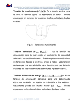 UNIVERSIDAD DE CUENCA 
FACULTAD DE INGENIERÍA 
“ESTUDIO COMPARATIVO DE CIMENTACIONES AISLADAS EN LA CIUDAD DE CUENCA DISEÑADAS POR 
EL METODO DE LA PRESION ADMISIBLE CON LOS OBTENIDOS APLICANDO EL METODO DE LOS 
ESTADOS LIMITES.” 
Tensión de hundimiento (q’h,(qh)).- Es la tensión vertical para 
la cual el terreno agota su resistencia al corte. Puede 
expresarse en términos de tensiones totales o efectivas, brutas 
o netas. 
Fig. 5 Tensión de hundimiento 
Tensión admisible (q’adm ,(qadm)).- Es la tensión de 
cimentación para la cual existe un coeficiente de seguridad 
adecuado frente al hundimiento. Puede expresarse en términos 
de tensiones totales o efectivas, brutas o netas. Esta tensión 
no tiene por qué ser admisible para la estructura, por lo tanto 
depende del tipo de estructura (estructuras rígidas/flexibles). 
Tensión admisible de trabajo (q’adm,trabajo(qadm,trabajo)).- Es la 
tensión de cimentación admisible para una determinada 
estructura teniendo en cuenta su tolerancia a los asientos. 
Obviamente puede ser mucho menor que qadm. Puede 
expresarse en tensiones totales o efectivas, brutas o netas. 
AUTOR: ING. ARQ. EDUARDO CABRERA PALACIOS 44 
 