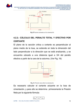 UNIVERSIDAD DE CUENCA 
FACULTAD DE INGENIERÍA 
“ESTUDIO COMPARATIVO DE CIMENTACIONES AISLADAS EN LA CIUDAD DE CUENCA DISEÑADAS POR 
EL METODO DE LA PRESION ADMISIBLE CON LOS OBTENIDOS APLICANDO EL METODO DE LOS 
ESTADOS LIMITES.” 
Fig.15 Fuerzas actuantes en la cimentación 
4.2.2.- CÁLCULO DEL PERALTO TOTAL Y EFECTIVO POR 
CORTANTE 
El plano de la sección critica a cortante es perpendicular al 
plano medio de la losa, se extiende en toda la dimensión del 
lado perpendicular a la dirección que se está analizando, y se 
encuentra ubicado a una distancia igual a 3/4 del peralto 
efectivo a partir de la cara de la columna. (Ver Fig. 16) 
Fig. 16 Presión neta sobre la cimentación 
Es necesario calcular el cortante actuante en la losa de 
cimentación, y para ello se determina primeramente la Presión 
Neta por la siguiente fórmula: 
neta r c r p p q + * = *− 
AUTOR: ING. ARQ. EDUARDO CABRERA PALACIOS 79 
 