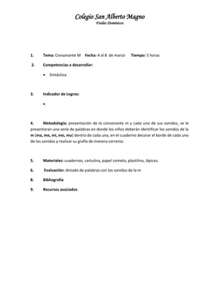Colegio San Alberto Magno
Frailes Dominicos

1.

Tema: Consonante M

2.

Competencias a desarrollar:


3.

Fecha: 4 al 8 de marzo

Tiempo: 5 horas

Sintáctica

Indicador de Logros:


4.
Metodología: presentación de la consonante m y cada uno de sus sonidos, se le
presentaran una serie de palabras en donde los niños deberán identificar los sonidos de la
m (ma, me, mi, mo, mu) dentro de cada una, en el cuaderno decorar el borde de cada uno
de los sonidos y realizar su grafía de manera correcta.

5.

Materiales: cuadernos, cartulina, papel cometa, plastilina, lápices.

6.

Evaluación: dictado de palabras con los sonidos de la m

8.

Bibliografía

9.

Recursos asociados

 