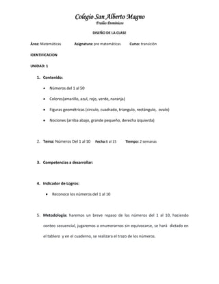 Colegio San Alberto Magno
Frailes Dominicos
DISEÑO DE LA CLASE
Área: Matemáticas

Asignatura: pre matemáticas

Curso: transición

IDENTIFICACION
UNIDAD: 1

1. Contenido:


Números del 1 al 50



Colores(amarillo, azul, rojo, verde, naranja)



Figuras geométricas (circulo, cuadrado, triangulo, rectángulo, ovalo)



Nociones (arriba abajo, grande pequeño, derecha izquierda)

2. Tema: Números Del 1 al 10

Fecha:6 al 15

Tiempo: 2 semanas

3. Competencias a desarrollar:

4. Indicador de Logros:


Reconoce los números del 1 al 10

5. Metodología: haremos un breve repaso de los números del 1 al 10, haciendo
conteo secuencial, jugaremos a enumerarnos sin equivocarse, se hará dictado en
el tablero y en el cuaderno, se realizara el trazo de los números.

 