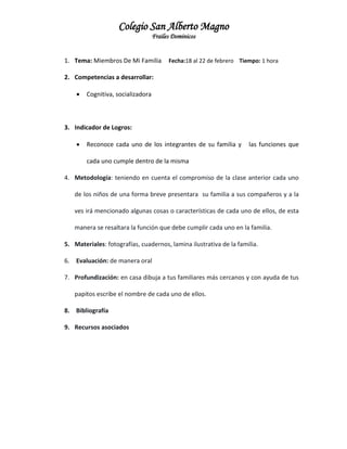 Colegio San Alberto Magno
Frailes Dominicos

1. Tema: Miembros De Mi Familia

Fecha:18 al 22 de febrero Tiempo: 1 hora

2. Competencias a desarrollar:


Cognitiva, socializadora

3. Indicador de Logros:


Reconoce cada uno de los integrantes de su familia y

las funciones que

cada uno cumple dentro de la misma
4. Metodología: teniendo en cuenta el compromiso de la clase anterior cada uno
de los niños de una forma breve presentara su familia a sus compañeros y a la
ves irá mencionado algunas cosas o características de cada uno de ellos, de esta
manera se resaltara la función que debe cumplir cada uno en la familia.
5. Materiales: fotografías, cuadernos, lamina ilustrativa de la familia.
6. Evaluación: de manera oral
7. Profundización: en casa dibuja a tus familiares más cercanos y con ayuda de tus
papitos escribe el nombre de cada uno de ellos.
8. Bibliografía
9. Recursos asociados

 