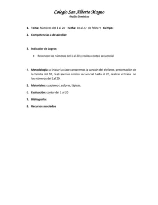 Colegio San Alberto Magno
Frailes Dominicos

1. Tema: Números del 1 al 20 Fecha: 18 al 27 de febrero Tiempo:
2. Competencias a desarrollar:

3. Indicador de Logros:


Reconoce los números del 1 al 20 y realiza conteo secuencial

4. Metodología: al iniciar la clase cantaremos la canción del elefante, presentación de
la familia del 10, realizaremos conteo secuencial hasta el 20, realizar el trazo de
los números del 1al 20.
5. Materiales: cuadernos, colores, lápices.
6. Evaluación: contar del 1 al 20
7. Bibliografía:
8. Recursos asociados

 