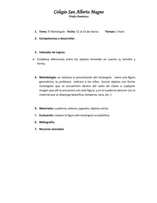 Colegio San Alberto Magno
Frailes Dominicos

1. Tema: El Rectángulo Fecha: 11 al 15 de marzo

Tiempo: 1 hora

2. Competencias a desarrollar:

3. Indicador de Logros:


Establece diferencias entre los objetos teniendo en cuenta su tamaño y
forma.

4. Metodología: se realizara la presentación del rectángulo como una figura
geométrica, la profesora indicara a los niños buscar objetos con forma
rectangular que se encuentren dentro del salón de clases o cualquier
imagen que allí se encuentre con esta figura, y en el cuaderno decorar con el
material que se disponga (plastilina, temperas, lana, etc. )

9. Materiales: cuaderno, colores, juguetes, objetos varios.
5. Evaluación: realizar la figura del rectángulo en plastilina.
6. Bibliografía:
7. Recursos asociados

 