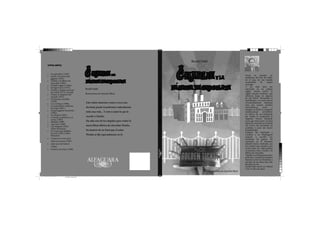 Roald Dahl
Otras obras :

•
•
•
•
•
•
•
•
•
•
•
•
•
•
•
•
•
•

Los gremlins (1943).
James y el melocotón
gigante (1961).
Charlie y la fábrica de
chocolate (1964).
El dedo mágico (1966).
El Superzorro (1970).
Charlie y el gran ascensor
de cristal (1973). Secuela
Danny el campeón del
mundo (1975).
El enorme cocodrilo
(1978).
Los Cretinos (1980).
La maravillosa medicina
de Jorge (1981).
El gran gigante bonachón
(1982).
Las Brujas (1983).
La jirafa, el pelícano y el
mono (1985).
Matilda (1988).
Agu Trot (1990).
Los Minpins (1991)
(Obra Póstuma).
El vicario que hablaba
al revés (1991) (Obra
Póstuma).
Cuentos en verso para
niños perversos (1982)
¡Qué asco de bichos!
(1984)
Puchero de rimas (1989)

C harlie

C harlie

y la

fabrica de chocolate
Roald Dahl
Ilustraciones de Quentin Black

Este relato muestras como a veces una
decisión puede transformar radicalmente
toda una vida... Y esto es justo lo que le
sucede a Charlie.
Ha sido uno de los elegidos para visitar la
maravillosa fábrica de chocolate Wonka.

charlie y la fabrica de chocolate

•
•

y la

fabrica de chocolate

Su manera de ser hará que el señor
Wonka se fije especialmente en él.

ISBN:978-9972-888-96-0

Nació en Llandaf, un
pueblecito del País de Gales,
en el seno de una familia
acomodada
de
origen
noruego.
A los siete años fue
internado en un colegio
inglés, donde sufrió el
rígido sistema británico que
reflejaría luego en algunos
de sus libros. Terminado el
Bachillerato, y en contra de las
recomendaciones maternas
para que cursara estudios
universitarios,
entró
a
trabajar en Shell, la compañia
multinacional
petrolífera,
en África. En ese continente
fue donde le sorprendió la
Segunda Guerra Mundial,
en la que tomó parte. Se hizó
piloto de aviación en la Royal
Air Forcé; fue derribado en
combate, y pasó seis meses
hospitalizado.
Después fue destinado a
Londres, y en Washington
empezó a escribir sus
aventuras de guerra. Su
incursión en la literatura
infantil estuvo motivada por
los cuentos que narraba a sus
cuatro hijos. En 1964 publica
su primera obra, Charlie y la
fábrica de chocolate.
También escribió guiones para
películas; concibió personajes
famosos como los Gremlins, y
muchas de sus obras han sido
llevadas al cine.
Roald Dahl murió en Oxford
a los 74 años de edad.

Ilustraciones de Quentin Black
Diseño de Cubierta.indd 1

11/11/2013 11:30:17 a.m.
Amarillo de cuatricromía

 