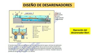 DISEÑO DE DESARENADORES
Operación del
desarenador Bieri
 