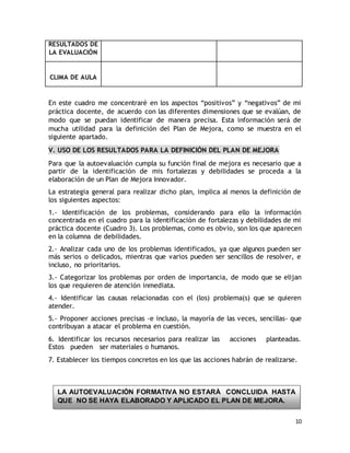 10 
RESULTADOS DE 
LA EVALUACIÓN 
CLIMA DE AULA 
En este cuadro me concentraré en los aspectos “positivos” y “negativos” de mi 
práctica docente, de acuerdo con las diferentes dimensiones que se evalúan, de 
modo que se puedan identificar de manera precisa. Esta información será de 
mucha utilidad para la definición del Plan de Mejora, como se muestra en el 
siguiente apartado. 
V. USO DE LOS RESULTADOS PARA LA DEFINICIÓN DEL PLAN DE MEJORA 
Para que la autoevaluación cumpla su función final de mejora es necesario que a 
partir de la identificación de mis fortalezas y debilidades se proceda a la 
elaboración de un Plan de Mejora Innovador. 
La estrategia general para realizar dicho plan, implica al menos la definición de 
los siguientes aspectos: 
1.- Identificación de los problemas, considerando para ello la información 
concentrada en el cuadro para la identificación de fortalezas y debilidades de mi 
práctica docente (Cuadro 3). Los problemas, como es obvio, son los que aparecen 
en la columna de debilidades. 
2.- Analizar cada uno de los problemas identificados, ya que algunos pueden ser 
más serios o delicados, mientras que varios pueden ser sencillos de resolver, e 
incluso, no prioritarios. 
3.- Categorizar los problemas por orden de importancia, de modo que se elijan 
los que requieren de atención inmediata. 
4.- Identificar las causas relacionadas con el (los) problema(s) que se quieren 
atender. 
5.- Proponer acciones precisas -e incluso, la mayoría de las veces, sencillas- que 
contribuyan a atacar el problema en cuestión. 
6. Identificar los recursos necesarios para realizar las acciones planteadas. 
Estos pueden ser materiales o humanos. 
7. Establecer los tiempos concretos en los que las acciones habrán de realizarse. 
LA AUTOEVALUACIÓN FORMATIVA NO ESTARÁ CONCLUIDA HASTA 
QUE NO SE HAYA ELABORADO Y APLICADO EL PLAN DE MEJORA. 
 