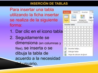 INSERCIÓN DE TABLAS 
Para insertar una tabla 
utilizando la ficha insertar 
se realiza de la siguiente 
forma: 
1. Dar clic en el icono tabla 
2. Seguidamente se 
dimensiona (en columnas y 
filas), se inserta o se 
dibuja la tabla de 
acuerdo a la necesidad 
del usuario. 
 