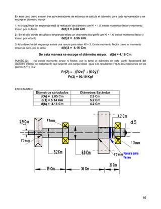 En este caso como existen tres concentradores de esfuerzo se calcula el diámetro para cada concentrador y se
escoge el diámetro mayor
1) A la izquierda del engranaje está la reducción de diámetro con Kf = 1.5, existe momento flector y momento
torsor, por lo tanto d(b)1 = 3.50 Cm
2) En el sitio donde se ubica el engranaje existe un chavetero tipo perfil con Kf = 1.6, existe momento flector y
torsor, por lo tanto d(b)2 = 3.56 Cm
3) A la derecha del engranaje existe una ranura para reten Kf = 3, Existe momento flector pero el momento
torsor es cero, por lo tanto d(b)3 = 4.16 Cm
De esta manera se escoge el diámetro mayor. d(b) = 4.16 Cm
PUNTO (2): No existe momento torsor ni flector, por lo tanto el diámetro en este punto dependerá del
diámetro interno del rodamiento que soporte una carga radial igual a la resultante (Fr) de las reacciones en los
planos X-Y y X-Z
( ) ( )22
2 R2yR2x)(Fr +=
Fr(2) = 90.19 Kgf
EN RESUMEN:
Diámetros calculados Diámetros Estándar
d(A) = 2.85 Cm 2.9 Cm
d(1) = 5.14 Cm 5.2 Cm
d(b) = 4.16 Cm 4.2 Cm
10
 
