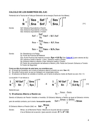 CALCULO DE LOS DIAMETROS DEL EJE:
Partiendo de la Teoría de la Falla por Distorsión de la energía (Teoría de Von Mises).
2122
1
/
Sns
Ses
Snf
Sef
Sna
Sea
N ⎥
⎥
⎦
⎤
⎢
⎢
⎣
⎡
⎟
⎠
⎞
⎜
⎝
⎛
+⎟
⎠
⎞
⎜
⎝
⎛
+=
[11]
Donde Sef: Esfuerzo Equivalente a Flexión.
Sea: Esfuerzo Equivalente a Tracción
Ses: Esfuerzo equivalente a Torsión
Sef
Snf
Sy
Smf Kf Saf
Sea
Sna
Sy
Sma Kf Saa
= +
= +
.
.
Ses
Sns
Sys
Sms Kfs Sas= + .
Donde: Sn: Resistencia a la Fatiga
Sy: Punto de Fluencia del Material
Sys: Punto Fluencia del material a torsión: Sys = 0.6 Sy (Ver Tabla Nº 1 para valores de Sy)
Sm: Esfuerzo medio a flexión y Sms : Esfuerzo medio a torsión
Sa: Esfuerzo Alterno a flexión y Sas: Esfuerzo medio a Torsión
Kf: Factor de concentración de esfuerzo a flexión y Kfs: Factor de Concent. Esfuerzo a Torsión.
N: Factor de Seguridad
Como se dijo al principio de este tema, se considera que:
a) El torque es constante, por lo tanto el esfuerzo alterno a torsión es cero: Sas = 0,
b) No existe Fuerza axial, ya que se trabajará con engranajes rectos.
c) El esfuerzo de flexión es variable e invertido, por lo tanto el esfuerzo medio de flexión es cero: Sm = 0.
La ecuación 11 se reduce a:
2122
1
/
Sys
Sms
Sn
SafKf
N ⎥
⎥
⎦
⎤
⎢
⎢
⎣
⎡
⎟⎟
⎠
⎞
⎜⎜
⎝
⎛
+⎟
⎠
⎞
⎜
⎝
⎛
= ó
2122
60
1
/
Sy.
Sms
Sn
SafKf
N ⎥
⎥
⎦
⎤
⎢
⎢
⎣
⎡
⎟⎟
⎠
⎞
⎜⎜
⎝
⎛
+⎟
⎠
⎞
⎜
⎝
⎛
= [12]
Sabiendo que:
1) El esfuerzo Alterno a flexión es:
2
Smin-Smax
=Sa
Siendo el Esfuerzo de Flexión Variable e Invertido, El Esfuerzo Máximo a flexión es igual al Esfuerzo mínimo
pero de sentido contrario, por lo tanto la ecuación queda: Smax=
2
Smin)(--Smax
=Saf
El Esfuerzo Alterno a Flexión (Saf) es:
Z
maxM
Saf = ,
Donde : Mmax. es el Momento Flector Máximo en el punto del eje a analizar
Z es el Modulo de la sección. (para sección circular Z = π d3
/ 32)
4
 