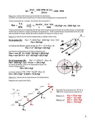 RPM2400
Cm
Cm40RPM1200
d2
d1N1
N ===
20
2
Paso nº 2: Calculo del torque que transmiten los elementos.
La polea (A) recibe toda la potencia y la misma será entregada por el engranaje (B)
Torque producido por la polea (A) del eje: De la ecuación 3
974
nT
Kw =
Torque producido por el engranaje (B) del eje: Este torque es igual al torque de la polea porque el engranaje
recibe toda la potencia y luego la entrega al engranaje (C). Solo la parte del eje comprendida entre (A) y (B)
esta sometida al torque, desde (B) hacia la derecha el torque en el eje es nulo.
Paso nº 3: Calculo de las fuerzas tangenciales y radiales sobre el eje:
En la polea (A): Fta = T / (D/2) Fta= 3020 Kgf - Cm / 10 Cm
Fta = 302 Kgf
La fuerza de flexión sobre el eje es: Ff = 1.5 Ft (Ecu. 9)
Ffa = 1.5 * 302 Kgf = 453 Kgf
Las fuerzas componentes en el plano cartesiano son:
Ffax = cos 30º Ft = 0.86 * 453 Kgf = 389.6 Kgf
Ffay = sen 30º Ft = 0.5 * 453 Kgf = 225.5 Kgf
cm-Kgf3020mt-Kgf30.2
2400
974*74.4
n
974Kw
T ====
D
Ffa
Frb
Ftb
En el engranaje (B): Ftb = T / (D/2) Ft (Ecu. 4)
Ftb= 3020 Kgf - Cm / 15 Cm = 201.3 Kgf
La fuerza de flexión (Ffb) en el engranaje es igual a la
Fuerza Tangencial (Ft)
Ffb = 201.3 Kgf
La fuerza radial es: Frb = Ftb * Tg 20º (Ecu. 5)
Frb = 201.3 Kgf * 0.3639 = 73.25 Kgf
Paso nº 4: Calculo de las reacciones en los Rodamientos.
Diagrama de cuerpo libre (DCL)
Aplicando las ecuaciones de ΣF = 0 y
M = 0Σ en ambos planos obtenemos:
Plano X –Y: R1y = 373.6 Kgf
R2y = 53.1 Kgf
Plano X – Z: R1x = 535.7 Kgf
R2x = - 72.9 Kgf
8
 