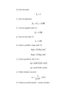 d) Factor de tamaño
1sk
e) Factor de temperatura
00.1 TT Ck
f) Factor de seguridad (tabla 16)
00.1Rk
g) Factor de vida (tabla 15)
00.1Lk
h) Esfuerzo permisible a fatiga (tabla 14)
2
/4.25 mmkgSatp 
2
/2.9 mmkgSatg 
i) Factores geométricos (fig 8 y 12)
43.093.0*46.0 Jp
554.099.0*56.0 Jg
j) Modulo del plano transversal
51.8
20cos
8
 otm
k) Potencia que podría transmitir – potencia del piñón
 
