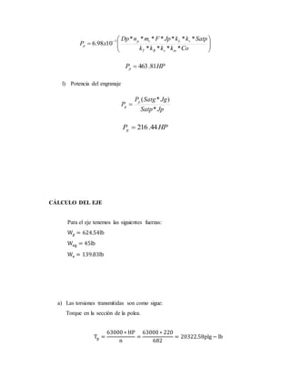 





 
Cokkkk
SatpkkJpFmnDp
xP
msRT
vLtp
p
****
*******
1098.6 7
HPPp 81.463
l) Potencia del engranaje
JpSatp
JgSatgP
P p
g
*
)*(

HPPg 44.216
CÁLCULO DEL EJE
Para el eje tenemos las siguientes fuerzas:
Wp = 624.54lb
Weg = 45lb
We = 139.83lb
a) Las torsiones transmitidas son como sigue:
Torque en la sección de la polea.
Tp =
63000 ∗ HP
n
=
63000 ∗ 220
682
= 20322.58plg − lb
 