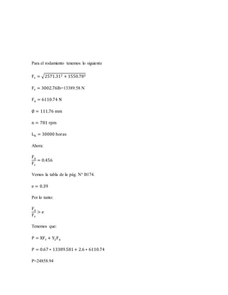 Para el rodamiento tenemos lo siguiente
Fr = √2571.312 + 1550.782
Fr = 3002.76lb=13389.58 N
Fa = 6110.74 N
∅ = 111.76 mm
n = 781 rpm
Lh = 30000 horas
Ahora:
Fa
Fr
= 0.456
Vemos la tabla de la pág. N° B174.
e = 0.39
Por lo tanto:
Fa
Fr
> e
Tenemos que:
P = XFr + Y2Fa
P = 0.67 ∗ 13389.581+ 2.6 ∗ 6110.74
P=24858.94
 