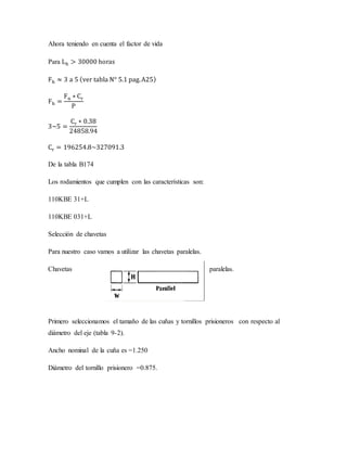 Ahora teniendo en cuenta el factor de vida
Para Lh > 30000 horas
Fh ≈ 3 a 5 (ver tabla N° 5.1 pag.A25)
Fh =
Fn ∗ Cr
P
3~5 =
Cr ∗ 0.38
24858.94
Cr = 196254.8~327091.3
De la tabla B174
Los rodamientos que cumplen con las características son:
110KBE 31+L
110KBE 031+L
Selección de chavetas
Para nuestro caso vamos a utilizar las chavetas paralelas.
Chavetas paralelas.
Primero seleccionamos el tamaño de las cuñas y tornillos prisioneros con respecto al
diámetro del eje (tabla 9-2).
Ancho nominal de la cuña es =1.250
Diámetro del tornillo prisionero =0.875.
 