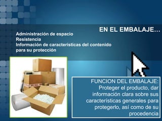 EN EL EMBALAJE…
• Administración de espacio
• Resistencia
• Información de características del contenido
  para su protección




                                    FUNCION DEL EMBALAJE:
                                       Proteger el producto, dar
                                    información clara sobre sus
                                  características generales para
                                     protegerlo, así como de su
                                                    procedencia
 