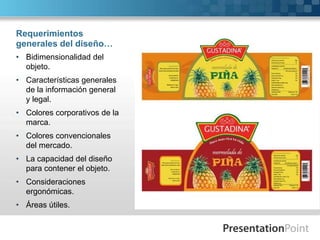 Requerimientos
generales del diseño…
• Bidimensionalidad del
  objeto.
• Características generales
  de la información general
  y legal.
• Colores corporativos de la
  marca.
• Colores convencionales
  del mercado.
• La capacidad del diseño
  para contener el objeto.
• Consideraciones
  ergonómicas.
• Áreas útiles.
 