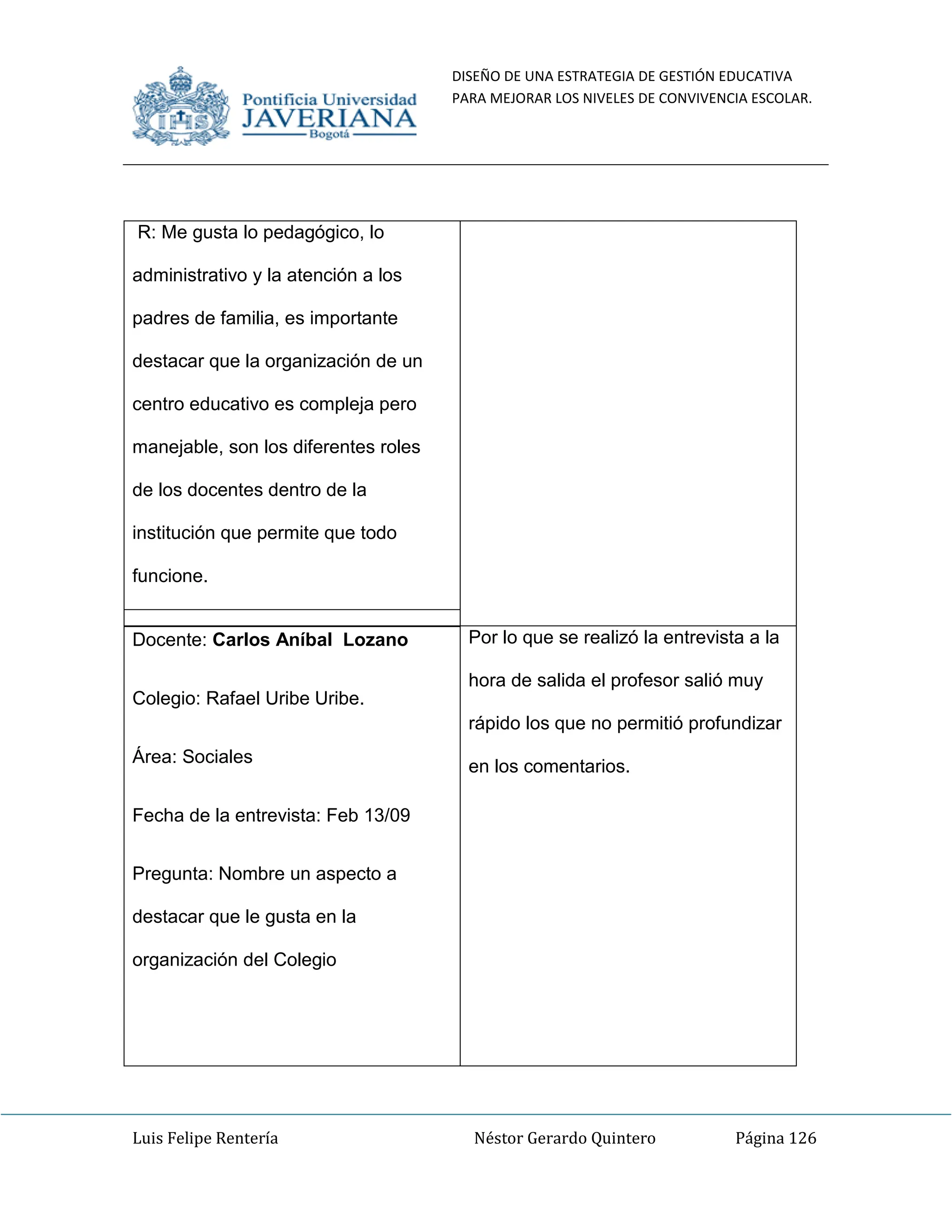 DISEÑO DE UNA ESTRATEGIA DE GESTIÓN EDUCATIVA
PARA MEJORAR LOS NIVELES DE CONVIVENCIA ESCOLAR.
Luis Felipe Rentería Néstor Gerardo Quintero Página 126
R: Me gusta lo pedagógico, lo
administrativo y la atención a los
padres de familia, es importante
destacar que la organización de un
centro educativo es compleja pero
manejable, son los diferentes roles
de los docentes dentro de la
institución que permite que todo
funcione.
Docente: Carlos Aníbal Lozano
Colegio: Rafael Uribe Uribe.
Área: Sociales
Fecha de la entrevista: Feb 13/09
Pregunta: Nombre un aspecto a
destacar que le gusta en la
organización del Colegio
Por lo que se realizó la entrevista a la
hora de salida el profesor salió muy
rápido los que no permitió profundizar
en los comentarios.
 