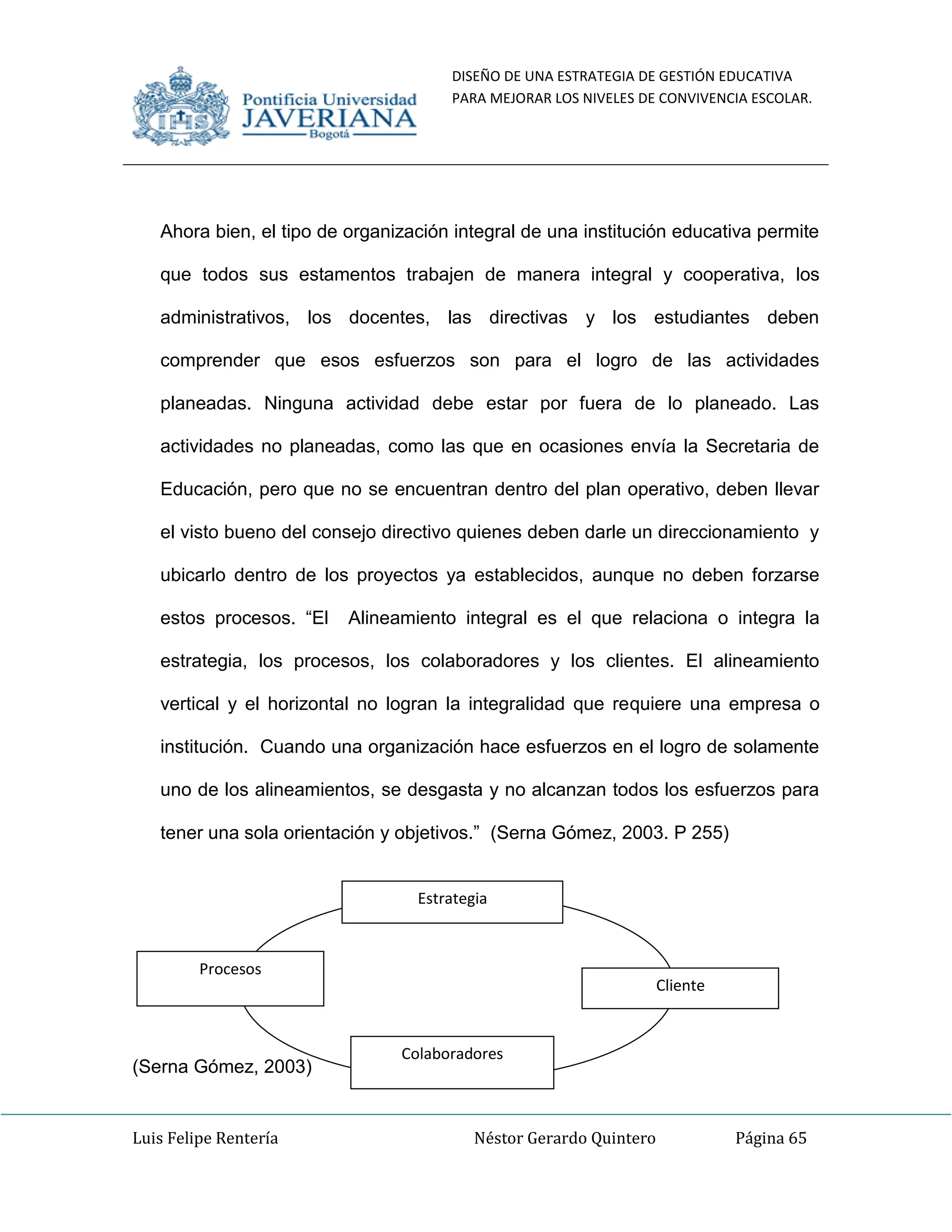 DISEÑO DE UNA ESTRATEGIA DE GESTIÓN EDUCATIVA
PARA MEJORAR LOS NIVELES DE CONVIVENCIA ESCOLAR.
Luis Felipe Rentería Néstor Gerardo Quintero Página 65
Ahora bien, el tipo de organización integral de una institución educativa permite
que todos sus estamentos trabajen de manera integral y cooperativa, los
administrativos, los docentes, las directivas y los estudiantes deben
comprender que esos esfuerzos son para el logro de las actividades
planeadas. Ninguna actividad debe estar por fuera de lo planeado. Las
actividades no planeadas, como las que en ocasiones envía la Secretaria de
Educación, pero que no se encuentran dentro del plan operativo, deben llevar
el visto bueno del consejo directivo quienes deben darle un direccionamiento y
ubicarlo dentro de los proyectos ya establecidos, aunque no deben forzarse
estos procesos. “El Alineamiento integral es el que relaciona o integra la
estrategia, los procesos, los colaboradores y los clientes. El alineamiento
vertical y el horizontal no logran la integralidad que requiere una empresa o
institución. Cuando una organización hace esfuerzos en el logro de solamente
uno de los alineamientos, se desgasta y no alcanzan todos los esfuerzos para
tener una sola orientación y objetivos.” (Serna Gómez, 2003. P 255)
(Serna Gómez, 2003)
Procesos
Colaboradores
Cliente
Estrategia
 