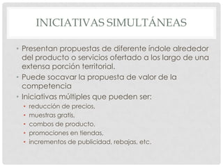 INICIATIVAS SIMULTÁNEAS

• Presentan propuestas de diferente índole alrededor
  del producto o servicios ofertado a los largo de una
  extensa porción territorial.
• Puede socavar la propuesta de valor de la
  competencia
• Iniciativas múltiples que pueden ser:
  •   reducción de precios,
  •   muestras gratis,
  •   combos de producto,
  •   promociones en tiendas,
  •   incrementos de publicidad, rebajas, etc.
 