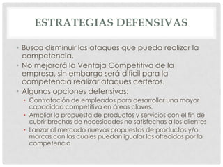 ESTRATEGIAS DEFENSIVAS

• Busca disminuir los ataques que pueda realizar la
  competencia.
• No mejorará la Ventaja Competitiva de la
  empresa, sin embargo será difícil para la
  competencia realizar ataques certeros.
• Algunas opciones defensivas:
  • Contratación de empleados para desarrollar una mayor
    capacidad competitiva en áreas claves.
  • Ampliar la propuesta de productos y servicios con el fin de
    cubrir brechas de necesidades no satisfechas a los clientes
  • Lanzar al mercado nuevas propuestas de productos y/o
    marcas con las cuales puedan igualar las ofrecidas por la
    competencia
 