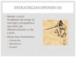 ESTRATEGIAS OFENSIVAS

• tienen como
  finalidad alcanzar la
  ventaja competitiva
  sea ésta de
  diferenciación o de
  costo.
• tiene tres momentos.
 • Desarrollo
 • Beneficios
 • Erosión
 