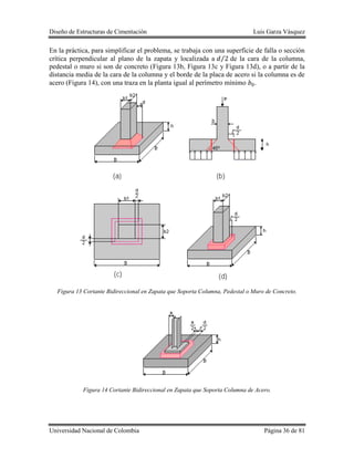 Diseño de Estructuras de Cimentación Luis Garza Vásquez
Universidad Nacional de Colombia Página 36 de 81
En la práctica, para simplificar el problema, se trabaja con una superficie de falla o sección
crítica perpendicular al plano de la zapata y localizada a ⁄ de la cara de la columna,
pedestal o muro si son de concreto (Figura 13b, Figura 13c y Figura 13d), o a partir de la
distancia media de la cara de la columna y el borde de la placa de acero si la columna es de
acero (Figura 14), con una traza en la planta igual al perímetro mínimo .
Figura 13 Cortante Bidireccional en Zapata que Soporta Columna, Pedestal o Muro de Concreto.
Figura 14 Cortante Bidireccional en Zapata que Soporta Columna de Acero.
 