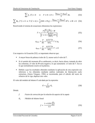 Diseño de Estructuras de Cimentación Luis Garza Vásquez
Universidad Nacional de Colombia Página 52 de 81
∑ ( )
( )
( )
∑ ( ) ( ) ( )
( )
( )
Resolviendo el sistema de ecuaciones obtenemos las expresiones:
( )
[ ]
( )
( )
( )
Con respecto a la Ecuación ( ), es importante observar que:
 A mayor brazo de palanca (valor de ), menor será el valor de .
 Si el sentido del momento es antihorario, es decir, hacia afuera, tratando de abrir
las columnas, el valor de sería negativo, lo que aumentaría el valor de . Eso es
lo que normalmente ocurre en la práctica.
 Debido a que los resultados obtenidos mediante la aplicación de esta expresión son
inferiores a los obtenidos mediante análisis realizados de Interacción suelo
estructura, (Garza Vásquez, 1984) se recomienda, para el cálculo del acero de
refuerzo de la viga, duplicar este valor.
El valor del módulo de balasto está dado por la expresión:
( )
Dónde:
: Factor de corrección por la relación de aspecto de la zapata
: Módulo de balasto lineal
( )
( )
 