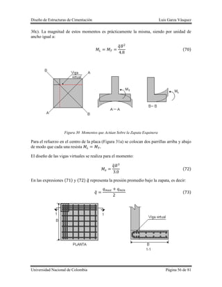 Diseño de Estructuras de Cimentación Luis Garza Vásquez
Universidad Nacional de Colombia Página 56 de 81
30c). La magnitud de estos momentos es prácticamente la misma, siendo por unidad de
ancho igual a:
̅
( )
Figura 30 Momentos que Actúan Sobre la Zapata Esquinera
Para el refuerzo en el centro de la placa (Figura 31a) se colocan dos parrillas arriba y abajo
de modo que cada una resista
El diseño de las vigas virtuales se realiza para el momento:
̅
( )
En las expresiones ( ) y ( ) ̅ representa la presión promedio bajo la zapata, es decir:
̅ ( )
 