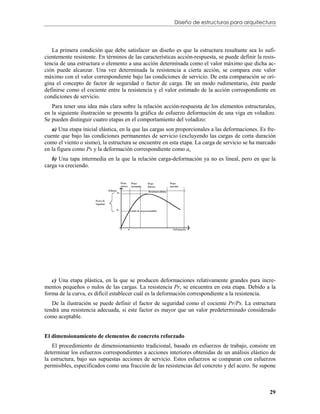 Diseño de estructuras para arquitectura




   La primera condición que debe satisfacer un diseño es que la estructura resultante sea lo sufi-
cientemente resistente. En términos de las características acción-respuesta, se puede definir la resis-
tencia de una estructura o elemento a una acción determinada como el valor máximo que dicha ac-
ción puede alcanzar. Una vez determinada la resistencia a cierta acción, se compara este valor
máximo con el valor correspondiente bajo las condiciones de servicio. De esta comparación se ori-
gina el concepto de factor de seguridad o factor de carga. De un modo rudimentario, éste puede
definirse como el cociente entre la resistencia y el valor estimado de la acción correspondiente en
condiciones de servicio.
   Para tener una idea más clara sobre la relación acción-respuesta de los elementos estructurales,
en la siguiente ilustración se presenta la gráfica de esfuerzo deformación de una viga en voladizo.
Se pueden distinguir cuatro etapas en el comportamiento del voladizo:
   a) Una etapa inicial elástica, en la que las cargas son proporcionales a las deformaciones. Es fre-
cuente que bajo las condiciones permanentes de servicio (excluyendo las cargas de corta duración
como el viento o sismo), la estructura se encuentre en esta etapa. La carga de servicio se ha marcado
en la figura como Ps y la deformación correspondiente como as.
   b) Una tapa intermedia en la que la relación carga-deformación ya no es lineal, pero en que la
carga va creciendo.




   c) Una etapa plástica, en la que se producen deformaciones relativamente grandes para incre-
mentos pequeños o nulos de las cargas. La resistencia Pr, se encuentra en esta etapa. Debido a la
forma de la curva, es difícil establecer cuál es la deformación correspondiente a la resistencia.
   De la ilustración se puede definir el factor de seguridad como el cociente Pr/Ps. La estructura
tendrá una resistencia adecuada, si este factor es mayor que un valor predeterminado considerado
como aceptable.


El dimensionamiento de elementos de concreto reforzado
   El procedimiento de dimensionamiento tradicional, basado en esfuerzos de trabajo, consiste en
determinar los esfuerzos correspondientes a acciones interiores obtenidas de un análisis elástico de
la estructura, bajo sus supuestas acciones de servicio. Estos esfuerzos se comparan con esfuerzos
permisibles, especificados como una fracción de las resistencias del concreto y del acero. Se supone



                                                                                                    29
 