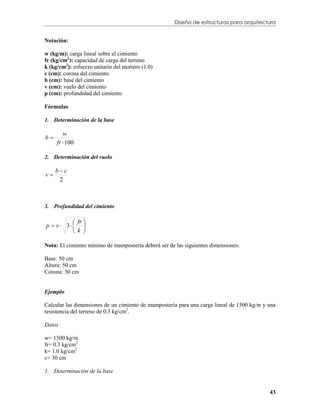 Diseño de estructuras para arquitectura


Notación:

w (kg/m): carga lineal sobre el cimiento
fr (kg/cm2): capacidad de carga del terreno
k (kg/cm2): esfuerzo unitario del mortero (1.0)
c (cm): corona del cimiento
b (cm): base del cimiento
v (cm): vuelo del cimiento
p (cm): profundidad del cimiento

Fórmulas

1. Determinación de la base

        w
b
     fr  100

2. Determinación del vuelo

     bc
v
      2



3. Profundidad del cimiento

           fr 
p  v  3 
           k 

Nota: El cimiento mínimo de mampostería deberá ser de las siguientes dimensiones:

Base: 50 cm
Altura: 50 cm
Corona: 30 cm


Ejemplo

Calcular las dimensiones de un cimiento de mampostería para una carga lineal de 1500 kg/m y una
resistencia del terreno de 0.3 kg/cm2.

Datos

w= 1500 kg/m
fr= 0.3 kg/cm2
k= 1.0 kg/cm2
c= 30 cm

1. Determinación de la base


                                                                                            43
 
