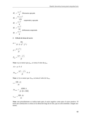 Diseño de estructuras para arquitectura


         wl2
M            libremente apoyada
           8
         9 wl2
M 
          128
                  empotrada y apoyada
         wl2
M 
           8
         wl2
M 
          24
               doblemente empotrada
         wl2
M 
           8

3. Cálculo de áreas de acero

             Mu

      Fr  b  d 2  f ' ' c

       f ´´c
p
        fy

            0.7         f ´c
Pmin 
                    fy

Nota: si p es menor que pmin, se toma el valor de pmin.

As  p  b  d

             0.7          f ´c
As min                           bd
                     fy

Nota: si As es menor que Asmin se toma el valor de Asmin.

     100  Av
s
       As

                 4500  h
As contr 
               fy  h  100 

            100  Av
s contr 
              As

Nota: este procedimiento se realiza tanto para el acero negativo como para el acero positivo. El
acero por contracción se coloca en la dirección larga de la losa, que no está sometida a ningún mo-
mento.


                                                                                                53
 