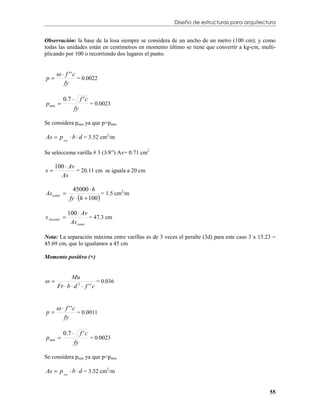 Diseño de estructuras para arquitectura


Observación: la base de la losa siempre se considera de un ancho de un metro (100 cm); y como
todas las unidades están en centímetros en momento último se tiene que convertir a kg-cm, multi-
plicando por 100 o recorriendo dos lugares el punto.


       f ''c
p
        fy
               = 0.0022


          0.7         f 'c
p min 
                  fy
                              = 0.0023


Se considera pmin ya que p<pmin

As  p min  b  d = 3.52 cm2/m

Se selecciona varilla # 3 (3/8”) Av= 0.71 cm2

     100  Av
s
       As
              = 20.11 cm se iguala a 20 cm


               45000  h
As contr 
              fy  h  100 
                              = 1.5 cm2/m


              100  Av
s Ascontr 
               As contr
                        = 47.3 cm


Nota: La separación máxima entre varillas es de 3 veces el peralte (3d) para este caso 3 x 15.23 =
45.69 cm, que lo igualamos a 45 cm

Momento positivo (+)


             Mu
                           = 0.036
      Fr  b  d 2  f ' ' c


       f ''c
p
        fy
               = 0.0011


          0.7         f 'c
p min 
                  fy
                              = 0.0023


Se considera pmin ya que p<pmin

As  p min  b  d = 3.52 cm2/m


                                                                                               55
 