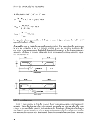 Diseño de estructuras para arquitectura



Se selecciona varilla # 3 (3/8”) Av= 0.71 cm2

     100  Av
s
       As
              = 20.11 cm se iguala a 20 cm


               45000  h
As contr 
              fy  h  100 
                              = 1.5 cm2/m


              100  Av
s Ascontr 
               As contr
                        = 47.3 cm


La separación máxima entre varillas es de 3 veces el peralte (3d) para este caso 3 x 15.23 = 45.69
cm, que lo igualamos a 45 cm

Observación: como se puede observar, en el momento positivo, al ser menor, todas las separaciones
tuvieron que ser iguales, ya que en el momento negativo tuvimos que considerar las mínimas. Por
esta razón, recomendamos que en el cálculo de losas tanto de una como de dos direcciones siempre
se empiece calculando el momento más grande, si este no cubre con los mínimos, entonces los de-
más se pueden obviar.




LOSAS (dos direcciones)

   Como ya mencionamos, las losas las podemos dividir en dos grandes grupos: perimetralmente
apoyadas y planas. Las losas apoyadas perimetralmente son aquellas que están apoyadas sobre vigas
o muros en sus cuatro lados, y que por tanto trabajan en dos direcciones, a diferencia de las losas en
una dirección que, estructuralmente sólo se apoyan en dos extremos. Las losas planas, son aquellas
que se apoyan directamente sobre las columnas, sin existir ninguna trabe entre columna y columna.



56
 