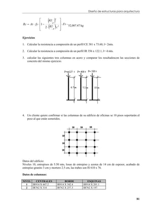Diseño de estructuras para arquitectura


                     
                     Kl
                        r
                          2
                              

                       
Rc  At  fy  1              Fr =
                2  Kl ' c 2         52,007.47 kg
               
                       r     
                              

Ejercicios

1. Calcular la resistencia a compresión de un perfil CE 381 x 73.60, l= 2mts.

2. Calcular la resistencia a compresión de un perfil IR 356 x 122.1, l= 4 mts.

3. calcular las siguientes tres columnas en acero y comparar los resultadoscon las secciones de
   concreto del mismo ejercicio.




4. Un cliente quiere confirmar si las columnas de su edificio de oficinas se 10 pisos soportarán el
   peso al que están sometidos.




Datos del edificio:
Niveles 10, entrepisos de 5.50 mts, losas de entrepiso y azotea de 14 cm de espesor, acabado de
entrepiso granito 3 cm y mortero 2.5 cm, las trabes son IS 610 x 76.

Datos de columnas:

NIVEL   CENTRALES                  BORDE               ESQUINAS
  1   IR914 X 447.2          IR914 X 342.4          IR914 X 201.1
  2   IR762 X 314            IR762 X 257.3          IR762 X 197



                                                                                                81
 