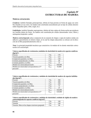 Diseño de estructuras para arquitectura


                                                               Capítulo IV
                                                 ESTRUCTURAS DE MADERA
Maderas estructurales

Coníferas: también llamadas gimnospermas, árboles de hoja perenne en forma de aguja con semi-
llas alojadas en sus conos. Su madera está constituida esencialmente por un tipo de células denomi-
nadas traquedias (pino, roble, nogal, etc.)

Latifoliadas: también llamadas angiospermas, árboles de hoja caduca de forma ancha que producen
sus semillas dentro de frutos. Su madera está constituida por células denominadas vasos, fibras y
rarénquima (tropicales: caoba)

Madera contrachapeada: placa compuesta de un conjunto de chapas o capas de madera unidas con
adhesivo, generalmente en número impar, en la cual las chapas adyacentes se colocan con la direc-
ción de la fibra perpendicularmente entre sí.

Nota: La principal propiedad mecánica que caracteriza a la madera de los demás materiales estruc-
turales en la anisotropía.

Valores especificados de resistencias ymódulos de elasticidad de madera de especies coníferas
(kg/cm2)
Flexión                                             f´fu         170
Tensión paralela a la fibra                         f´tu         115
Compresión paralela a la fibra                      f´cu         120
Cortante perpendicular a la fibra                   f´nu          40
Cortante paralelo a la fibra                        f´vy          15
Módulo de elasticidad promedio                      E0.50      100,000
Módulo de elasticidad correspondiente al 5º         E0.05       55,000
percentil



Valores especificados de resistencias y módulos de elasticidad de madera de especies latifolia-
das (kg/cm2)
Flexión                                             f´fu          300
Tensión paralela a la fibra                         f´tu          200
Compresión paralela a la fibra                      f´cu          220
Cortante perpendicular a la fibra                   f´nu           75
Cortante paralelo a la fibra                        f´vy           25
Módulo de elasticidad promedio                      E0.50       160,000
Módulo de elasticidad correspondiente al 5º         E0.05       120,000
percentil

Valores especificados de resistencias y módulos de elasticidad y módulo de rigidez de madera
contrachapeada de especies coníferas (kg/cm2)
Flexión                                             f´fu          190
Tensión                                             f´tu          140
Tensión: fibra en las chapas exteriores perpendi-   f´tu           90


88
 
