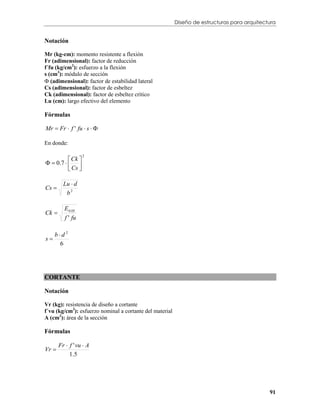 Diseño de estructuras para arquitectura


Notación

Mr (kg-cm): momento resistente a flexión
Fr (adimensional): factor de reducción
f´fu (kg/cm2): esfuerzo a la flexión
s (cm3): módulo de sección
 (adimensional): factor de estabilidad lateral
Cs (adimensional): factor de esbeltez
Ck (adimensional): factor de esbeltez crítico
Lu (cm): largo efectivo del elemento

Fórmulas

Mr  Fr  f ' fu  s  

En donde:

            Ck 
                    2

  0 .7   
            Cs 

         Lu  d
Cs 
          b2

         E 0.05
Ck 
         f ' fu

   bd2
s
    6




CORTANTE

Notación

Vr (kg): resistencia de diseño a cortante
f´vu (kg/cm2): esfuerzo nominal a cortante del material
A (cm2): área de la sección

Fórmulas

       Fr  f ' vu  A
Vr 
            1 .5




                                                                                              91
 