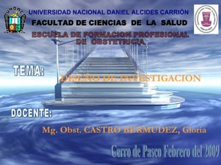 UNIVERSIDAD NACIONAL DANIEL ALCIDES CARRIÓN
DISEÑO DE INVESTIGACION
Mg. Obst. CASTRO BERMUDEZ, Gloria
 