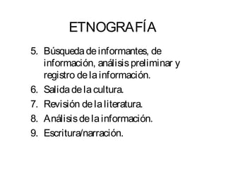 ETNOGRAFÍA 
5. Búsqueda de informantes, de 
información, análisis preliminar y 
registro de la información. 
6. Salida de la cultura. 
7. Revisión de la literatura. 
8. Análisis de la información. 
9. Escritura/narración. 
 