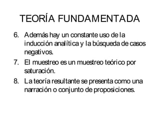 TEORÍA FUNDAMENTADA 
6. Además hay un constante uso de la 
inducción analítica y la búsqueda de casos 
negativos. 
7. El muestreo es un muestreo teórico por 
saturación. 
8. La teoría resultante se presenta como una 
narración o conjunto de proposiciones. 
