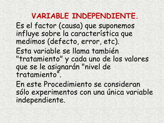 VARIABLE INDEPENDIENTE.
Es el factor (causa) que suponemos
influye sobre la característica que
medimos (defecto, error, etc).
Esta variable se llama también
"tratamiento" y cada uno de los valores
que se le asignarán "nivel de
tratamiento“.
En este Procedimiento se consideran
sólo experimentos con una única variable
independiente.
 